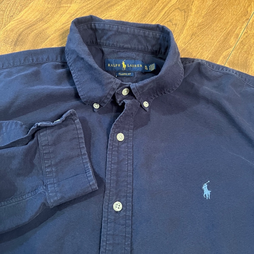 Ralph Lauren Classic Fit Button Down Shirt Mens XL Navy Blue Cotton Long Sleeve